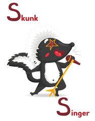 Latin alphabet ABC animal professions starting with letter with s skunk singer in cartoon style.