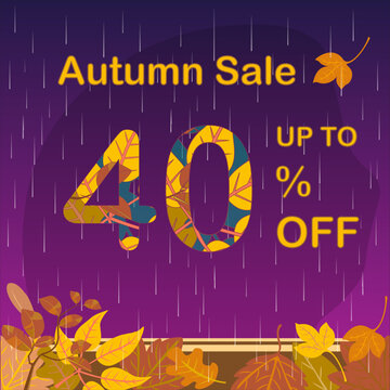 Autumn sale template. Up to forty percent off. With yellow autumn leaves and autumn themed figures. Vector discount sign.