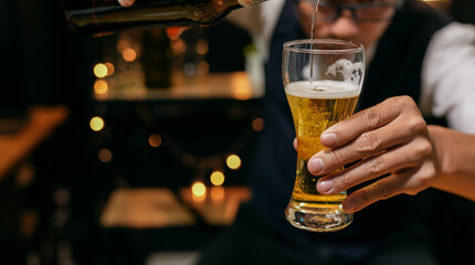 Barman pouring whiskey whiskey glass beautiful night