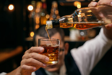Barman pouring whiskey whiskey glass beautiful night