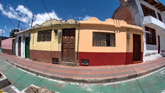 House in a quiet, residential area in Cotacachi, Ecuador, taken with a fisheye lens