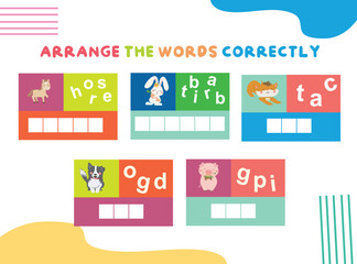 Arrange the words correctly. Worksheet for preschool. Writing practice. Vector file.