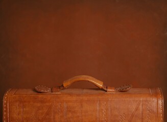 Close-up of leather bag. Leather briefcase. Copy space