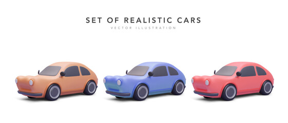 Set of 3d realistic colour cars with shadow isolated on white background. Vector illustration