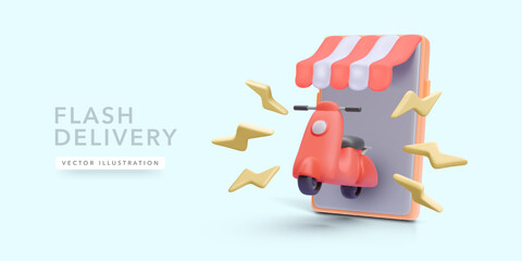 Concept poster for fast delivery service with phone and scooter in 3d realistic style. Vector illustration
