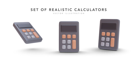 Set of 3d realistic calculator in different position isolated on white background. Vector illustration - obrazy, fototapety, plakaty