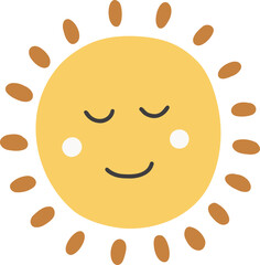 Cute satisfied sun face with smile in hand-drawn boho style