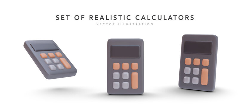 Set of 3d realistic calculator in different position isolated on white background. Vector illustration