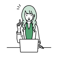 デスクで座ってPCを開いて何かひらめいたジャケットの女性