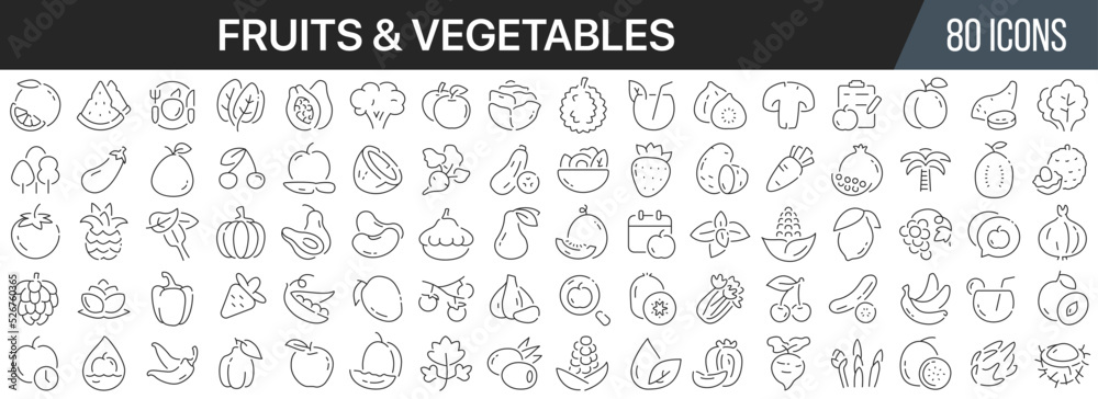 Poster fruits and vegetables line icons collection. big ui icon set in a flat design. thin outline icons pa