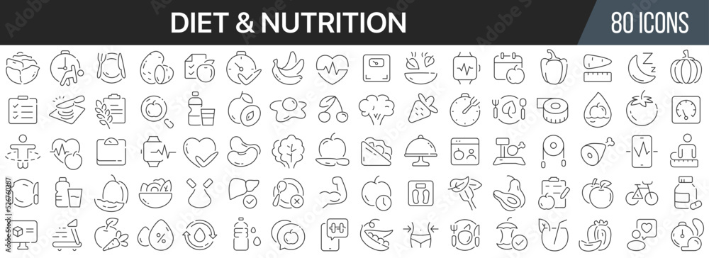 Poster diet and nutrition line icons collection. big ui icon set in a flat design. thin outline icons pack.