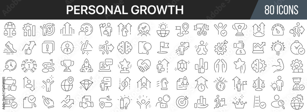 Poster personal growth line icons collection. big ui icon set in a flat design. thin outline icons pack. ve