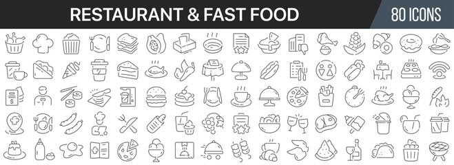 Restaurant and fast food line icons collection. Big UI icon set in a flat design. Thin outline icons pack. Vector illustration EPS10