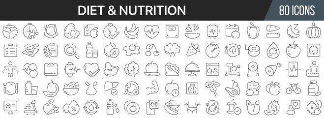 Diet and nutrition line icons collection. Big UI icon set in a flat design. Thin outline icons pack. Vector illustration EPS10