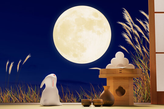 満月の夜に月を見上げる白うさぎ / 十五夜・中秋の名月・お月見のコンセプトイメージ / 3Dレンダリング
