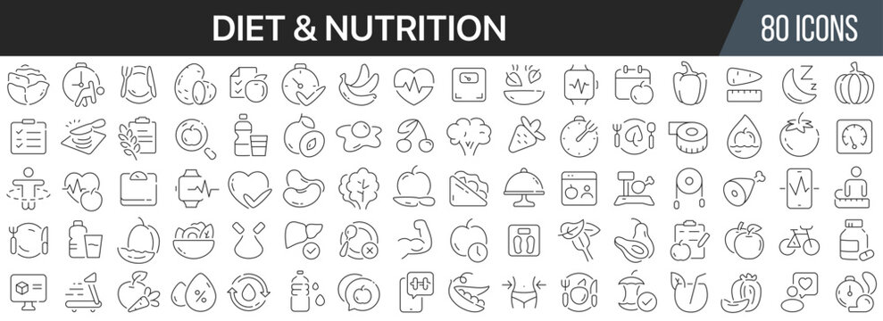 Diet and nutrition line icons collection. Big UI icon set in a flat design. Thin outline icons pack. Vector illustration EPS10