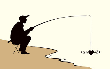 Vector drawing. The fisherman catches the heart