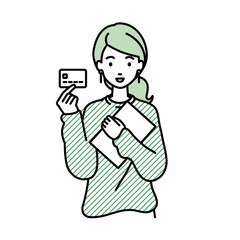 立って書類とカードを手に持つリモートワークの女性