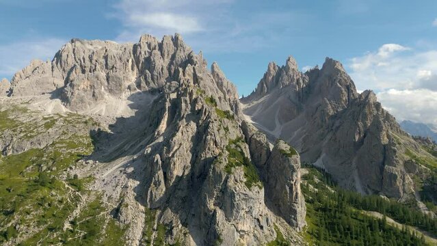 Mountain Crest Aerial Drone with Clouds Video. 4K Mountain Peak Aerial Footage in the Dolomites Italy.