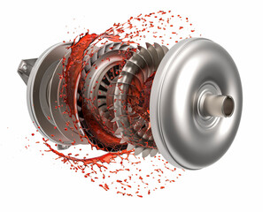 Exploded view of car torque converter. Torque converter with transmission oil. Car torque converter. Transmission oil is red. - obrazy, fototapety, plakaty