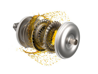 Car torque converter with transmission oil in exploded view.