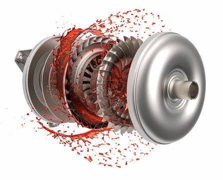 Exploded view of car torque converter. Torque converter with transmission oil. Car torque converter. Transmission oil is red.