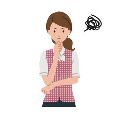 立って手をあごにあてて困っている事務員制服の女性