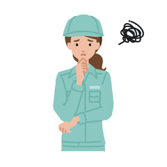 立って手をあごにあてて困っている作業員の女性