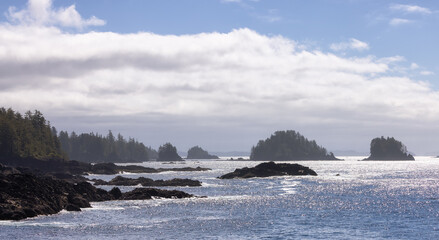 Fototapeta na wymiar Rugged Rocks on a rocky shore on the West Coast of Pacific Ocean. Summer Morning Sky. Ucluelet, Vancouver Island, British Columbia, Canada. Nature Background