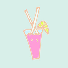 Doodle hand drawn illustration, cocktail glass with slice of lime, tubules, for travel, trip, vacation, isolated on the white background