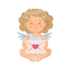 A cute curly-haired cupid girl is sitting with an envelope in her hands. Vector illustration