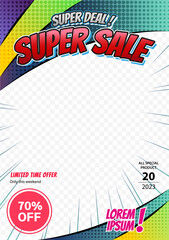 Promotion media sale, super sale, discount in comic pop art style. Poster can be used for banners, flyers, outdoor printing, web. Bright vector illustration