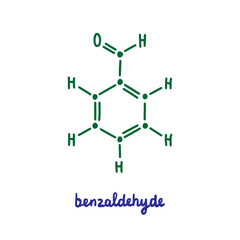 Benzaldehyde hand drawn vector formula chemical structure lettering blue green