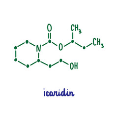 Icaridin hand drawn vector formula chemical structure lettering blue green
