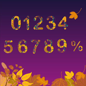 Autumn themed numbers from 0 to 9. There is also a percent sign. It can be used to make an autumn sale or birthday poster.
