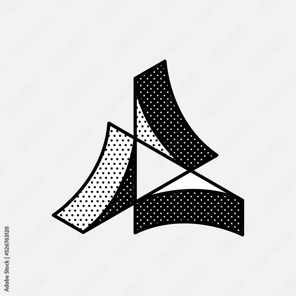 Wall mural impossible triangle vector shape. retro 3d black and white logo with polka dot pattern on the sides.