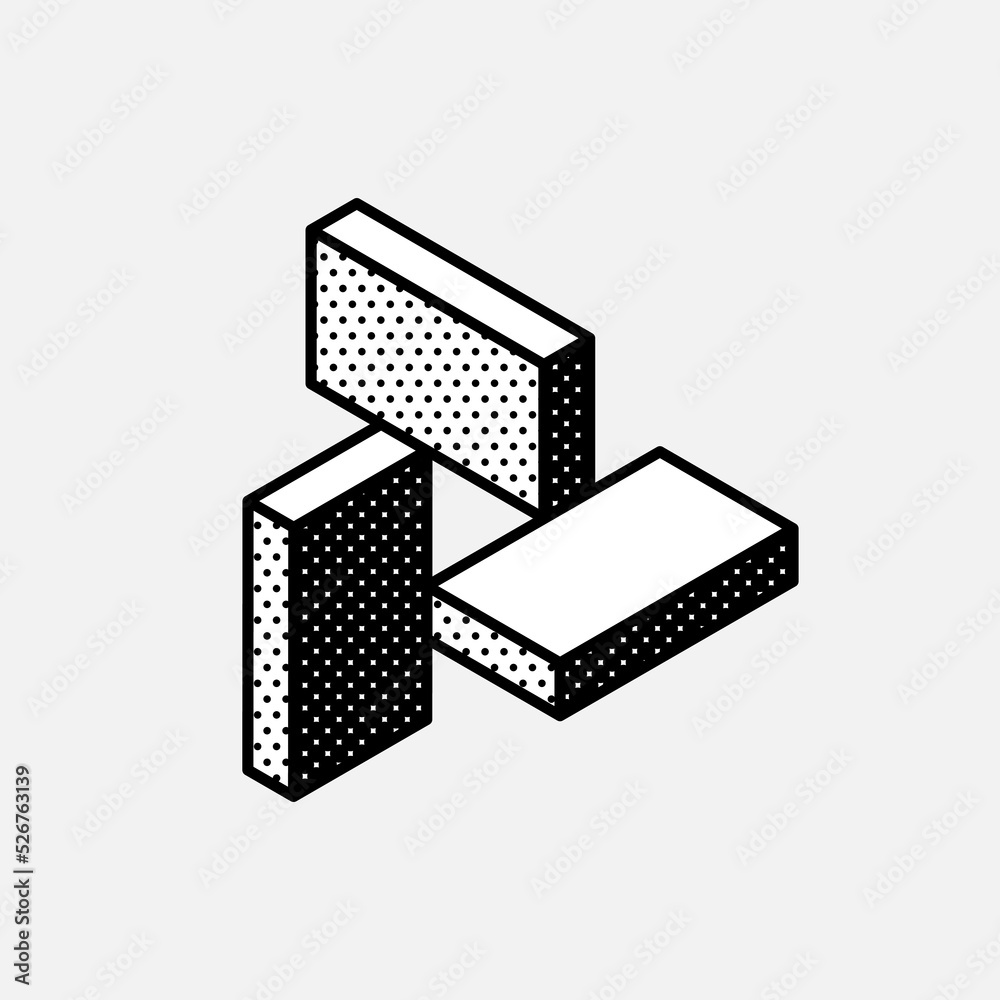 Wall mural impossible triangle vector shape. retro 3d black and white logo with polka dot pattern on the sides.