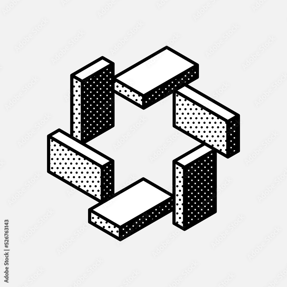 Wall mural impossible triangle vector shape. retro 3d black and white logo with polka dot pattern on the sides.
