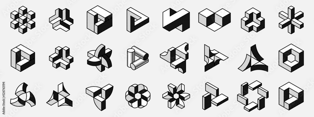 Wall mural impossible hexagon, triangle, cylinder, sector vector shapes. optical illusion signs.