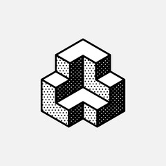 Impossible triangle vector shape. Retro 3d black and white logo with polka dot pattern on the sides.