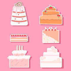 Beautiful illustrations of cakes set. vector stickers.