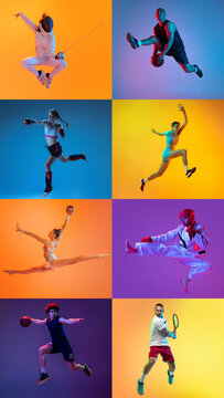 Vertical set of images of different professional athlete, fit people in action, motion isolated on multicolor background in neon. Collage