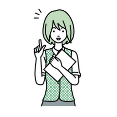 デスクで座ってPCを開いて何かひらめいた事務員制服の女性