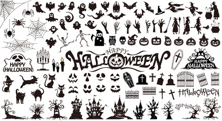 Happy Halloween Silhouette Vector Illustration Set Isolated On A White Background, Vector Illustration. 