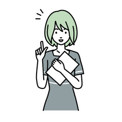 デスクで座ってPCを開いて何かひらめいエステ店員・受付・接客係の女性