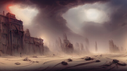 Sandstorm in the city, fantasy landscape, unreal world. 3D illustration