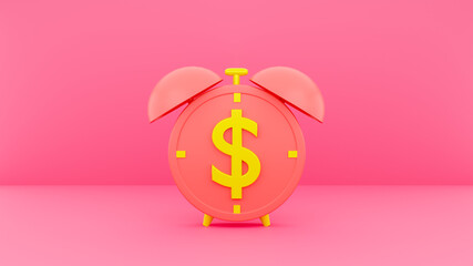 3d alarm clock with Investing money to grow. 3d clock time illustration vector render in pink background