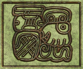 Glyphs- symbol hieroglyphic mayan. Coinage on metal- 3d illustration