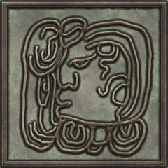 Glyphs- symbol hieroglyphic mayan. Coinage on metal- 3d illustration