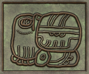 Glyphs- symbol hieroglyphic mayan. Coinage on metal- 3d illustration